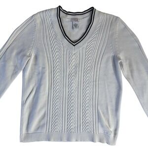 IZOD XFG Womens V-Neck Cable Knit Sweater White Cotton Preppy Varsity Small